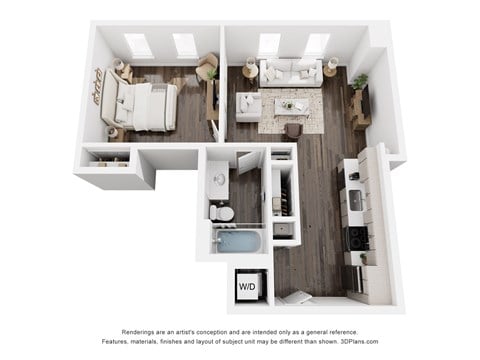 Floor plan for 1 bed, 1 bath, 556 sqft